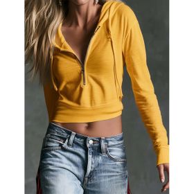 Hooded V-neck Zipper Crop Top Womens Sweatshirt (Option: Yellow-M)
