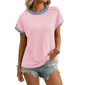 Round-neck Outer-seam Twisted-stripe Short-sleeve Loose-fit Color-block T-shirt (Option: Pink-M)