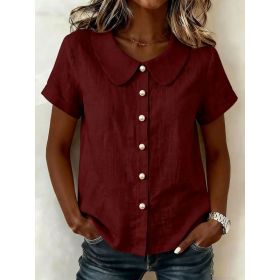 Womens Solid-Colored Short-Sleeve Casual Loose Cotton-Linen Shirt (Option: Wine Red-M)