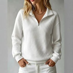 Loose-fit Waffle-knit Stand-collar Zip-up Long-sleeve Womens Sweatshirt (Option: White-S)