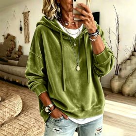 Womens Casual Solid-Color Hooded Long-Sleeve Top With Drawstring (Option: Yellow Green-M)