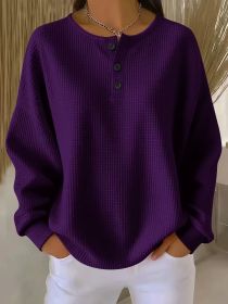 Ins Waffle Long-sleeved T-shirt Fashion Solid Color Buttons Round Neck Pullover Top Women's Clothing (Option: Purple-M)