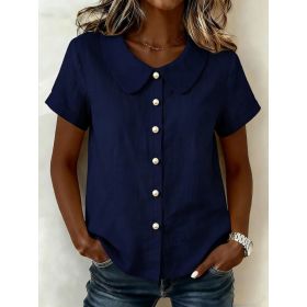 Womens Solid-Colored Short-Sleeve Casual Loose Cotton-Linen Shirt (Option: Navy Blue-M)