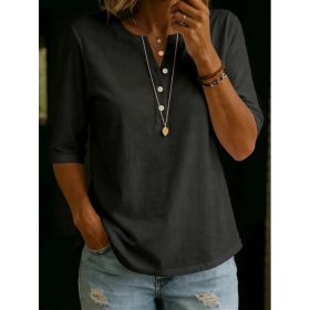 Women's Solid-Colored Cotton Button-Down Half-Sleeve Shirt (Option: Black-M)