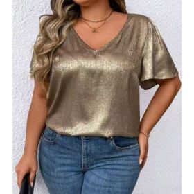 Loose-fit V-neck Solid-color Short-sleeve Top (Option: Khaki-2XL)