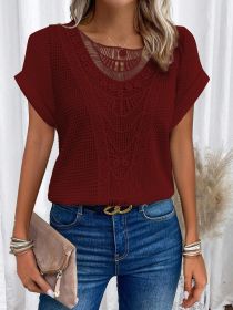 Summer Hollow Out Short-sleeved T-shirt Fashion Ethnic Style Tops Women's Clothing (Option: Wine Red-M)