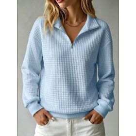 Loose-fit Waffle-knit Stand-collar Zip-up Long-sleeve Womens Sweatshirt (Option: Sky blue-S)