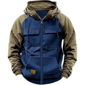 Men's Hoodie Youth Sports Multi-pocket Workwear (Option: Sapphire Blue-M)