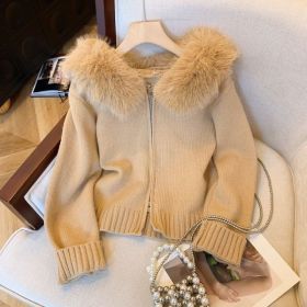 Double Zipper Fur Collar Stitching Design Sense Hooded Knit Cardigan (Option: Khaki-L)