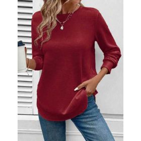 Women's Solid Color Round Neck Loose Stylish Sweatshirt (Option: Wine Red-M)