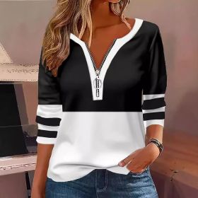 Women's V-collar Contrast Color Striped Loose Zip Long-sleeved T-shirt (Option: Black-L)