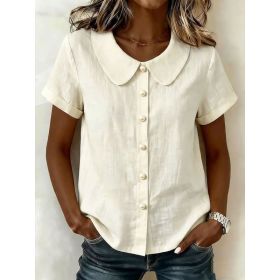 Womens Solid-Colored Short-Sleeve Casual Loose Cotton-Linen Shirt (Option: Apricot-M)