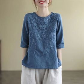 Artistic Retro Cotton And Linen Solid Color Half Sleeve (Option: Blue-L)