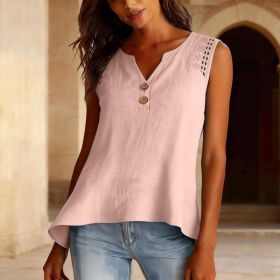 Solid-color V-neck Hollow-out Button Cotton-linen Short-sleeve Top Shirt (Option: Pink-L)