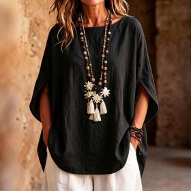 Womens Fashionable Solid-color Round-neck Loose-fit Blouse (Option: Black-M)