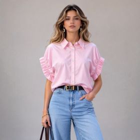 Loose-fitting Womens Blouse With A Turn-down Collar (Option: Pink-M)