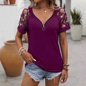 Womens Chain Hollow-out Hot-studded Short-sleeve Top (Option: Purple-M)