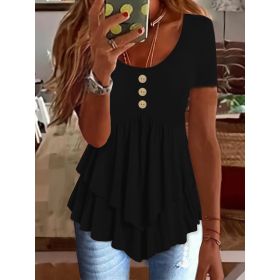 Fashion Three-button Casual Solid Color Short Sleeve (Option: Black-M)