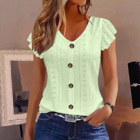 Solid Color Jacquard V-neck Buttons Long Sleeve T-shirt (Option: Fluorescent Green-M)