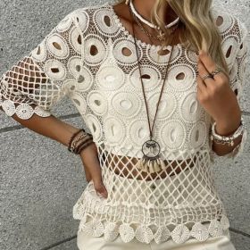 Resort-Style Sun-Protective Crochet Hollow-Out Crew-Neck Half-Sleeve Top (Option: Apricot-S)