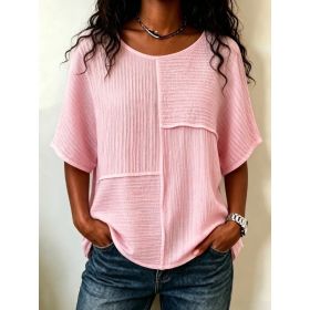 Womens Casual Patchwork Short-sleeve Top (Option: Pink-5XL)
