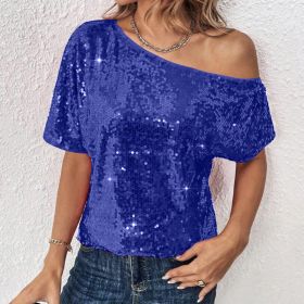 Womens Casual Solid-Color Loose Off-Shoulder Sequin T-Shirt (Option: Blue-L)