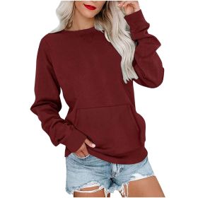 Women's Pin Solid Color Round Neck Loose Long-sleeved Sweater (Option: Wine Red-XL)