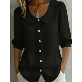 Collared Short-sleeve Blouse Fashion Casual Versatile Loose Shirt Women's Clothing (Option: Black-L)