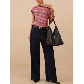 Retro Colorful Knit Top Slim-fit Contrast-color Short Sleeves (Option: Strawberry Red-XL)