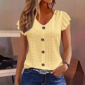 Solid Color Jacquard V-neck Buttons Long Sleeve T-shirt (Option: Yellow-XL)