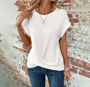 Short-sleeved Waffle T-shirt Summer New Solid Color Crew Neck Top For Womens Clothing (Option: White-XXL)