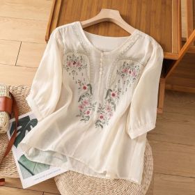 Short Sleeve Top Pullover Embroidered Chinese Women's Loose Slimming And All-matching (Option: Apricot-L)
