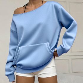 Fashionable Pullover Crew-Neck Off-Shoulder Sweatshirt For Women (Option: Light Blue-L)