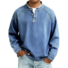Men's Solid-Colored Casual Top Vintage Long-Sleeve Shirt (Option: Sky blue-L)
