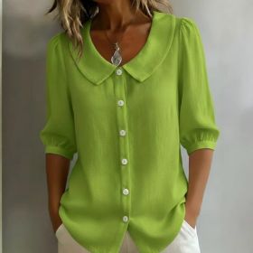 Collared Short-sleeve Blouse Fashion Casual Versatile Loose Shirt Women's Clothing (Option: Yellow Green-L)