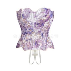 Sexy Hollow Out Corset Top Women Lace Double-layer Streetwear Party Club Corset Clothing (Option: Lavender Purple-M)