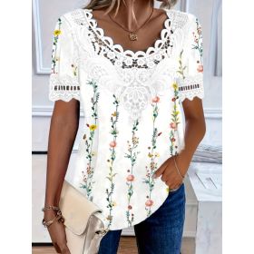Women's Lace-Patchwork Crew-Neck Short-Sleeve T-Shirt (Option: 0739color-L)