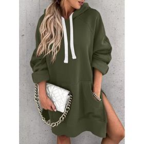 Women's Hooded Sweatshirt With Pockets Fashion Casual Split Mid-length Sweater Drawstring Tops (Option: Army Green-XXL)