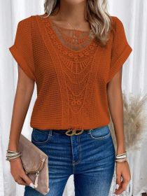 Summer Hollow Out Short-sleeved T-shirt Fashion Ethnic Style Tops Women's Clothing (Option: Orange Red-L)