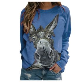 Loose Round Neck Donkey Head Floral Print Long Sleeve Pullover (Option: Blue-2XL)