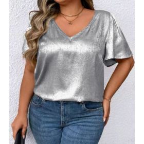 Loose-fit V-neck Solid-color Short-sleeve Top (Option: Silver-3XL)