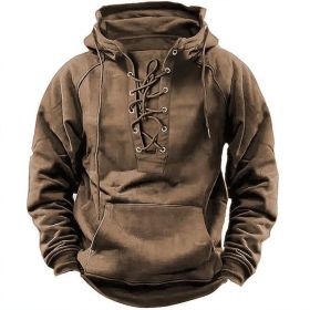Ins Lace-up Hoodie Casual Sports Pocket Sweatshirt Men's Long-sleeved Top Clothing (Option: Khaki-L)
