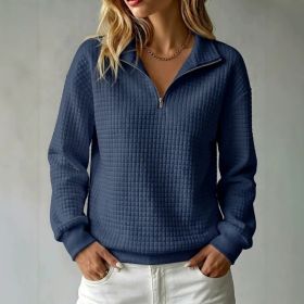 Loose-fit Waffle-knit Stand-collar Zip-up Long-sleeve Womens Sweatshirt (Option: Navy Blue-M)