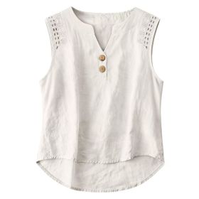 Solid-color V-neck Hollow-out Button Cotton-linen Short-sleeve Top Shirt (Option: White-XL)