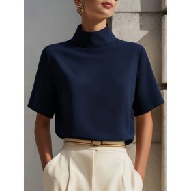 Womens Solid-color Versatile New Chinese-style Mandarin-collar Top (Option: Navy Blue-L)