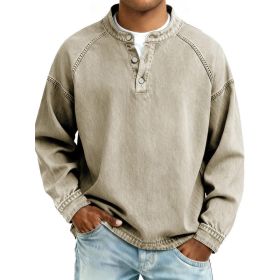 Men's Solid-Colored Casual Top Vintage Long-Sleeve Shirt (Option: Khaki-L)