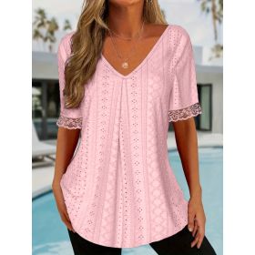 Womens Solid-Color V-Neck Loose Short-Sleeve Pleated T-Shirt Top (Option: Pink-XXL)