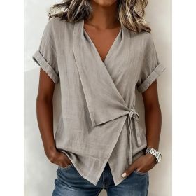 Women's Casual Lapel Collar Lace-Up Short-Sleeve Top (Option: Gray-3XL)