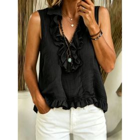 Fashionable V-neck Ruffled Sleeveless Tank Top (Option: Black-L)