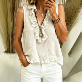 Fashionable V-neck Ruffled Sleeveless Tank Top (Option: White-L)